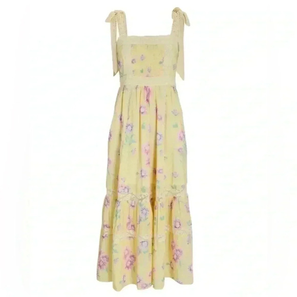 NWT LOVESHACKFANCY Ayala Floral Tiered Midi Dress Bright Azalea Yellow 2 - Picture 2 of 5